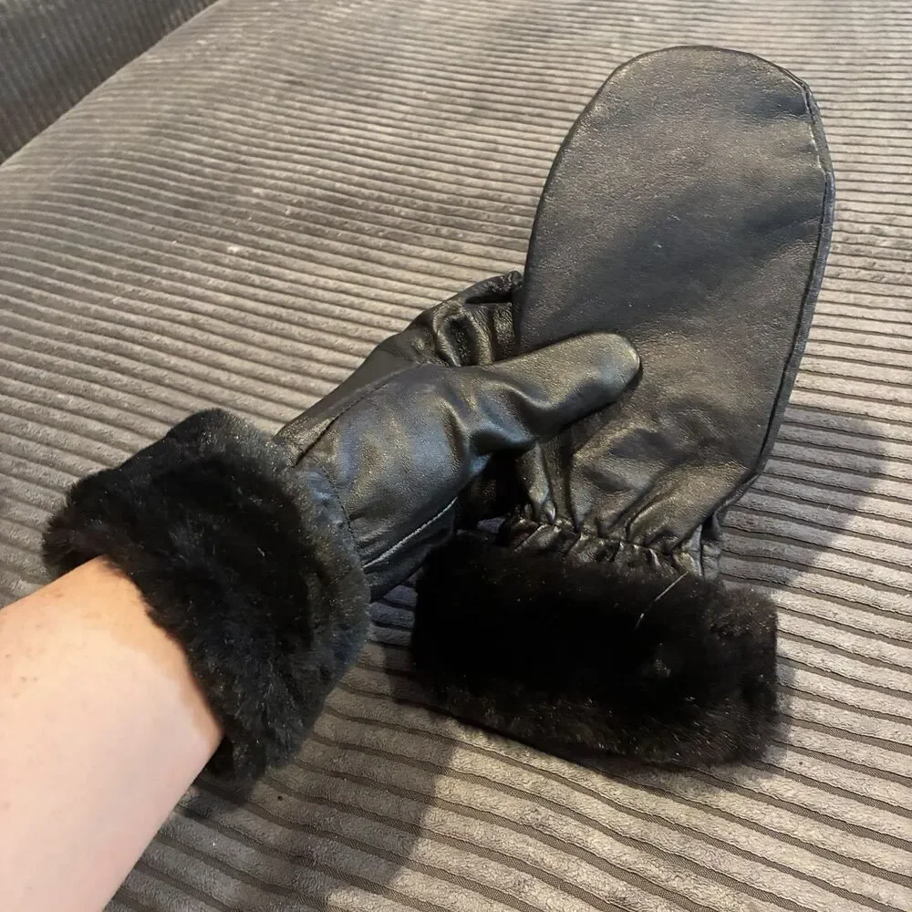 VTG Wilsons Women's Gloves Black Faux Fur Cuff Leather Fleece Large